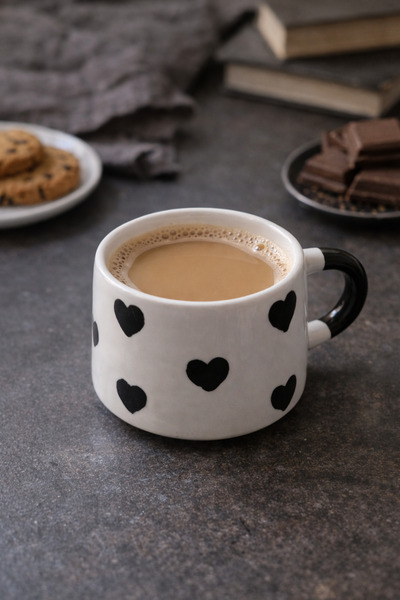 NİVRA GRUP Handmade Ceramic Mug – Red/Black Heart Pattern Coffee & Tea Cup 19...