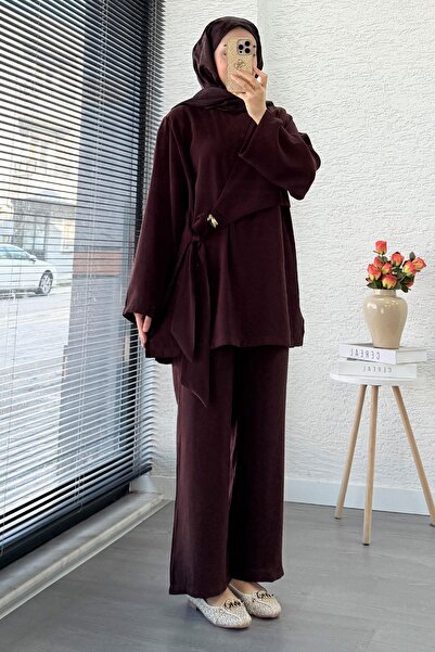 MELEK ARAZ Side Tie Brooch Detailed Women's Double Set — Brown