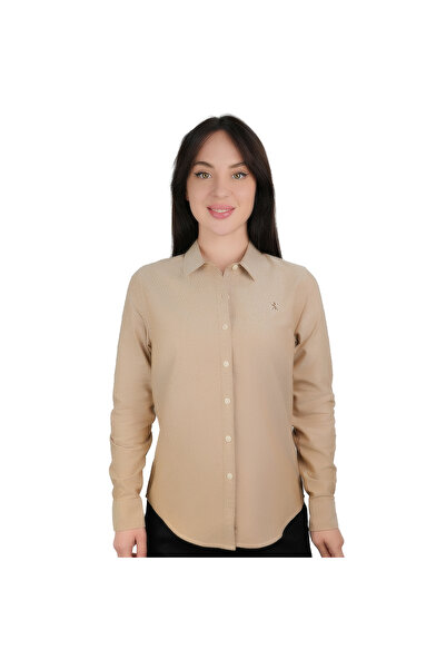 Giordano قميص أكسفورد قطني نسائي قصة ضيقة | ياقة حادة مع تطريز