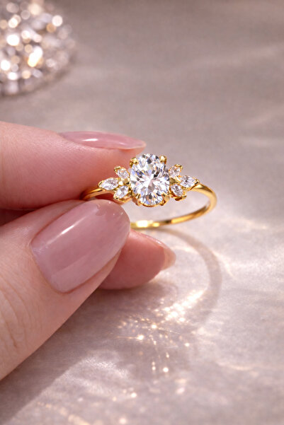 Siset Gümüş 925 Ayar Sarı Altın Kaplama Oval Zirkon Taşlı Gümüş Yüzük