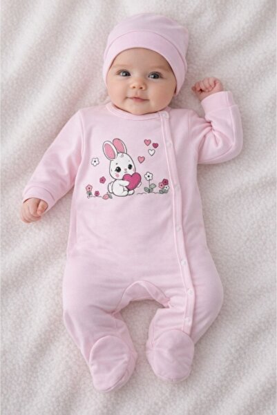 Superbaby Salopeta bebe fete roz deschis iepuras inimioara bumbac cu caciula