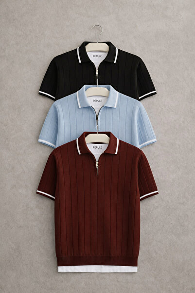 oneoff Men's 3-Pack Polo Collar Knitwear Textured Half-Zip Regular Cotton Mul...