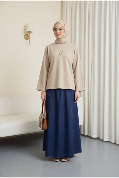 Modamorfo Floral Embroidered Front Round Neck Loose Combed Cotton Tunic - Stone