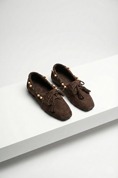 Elvessa Women's Bitter Brown Suede Tasseled Bead Detailed Comfortable Sole Mo...