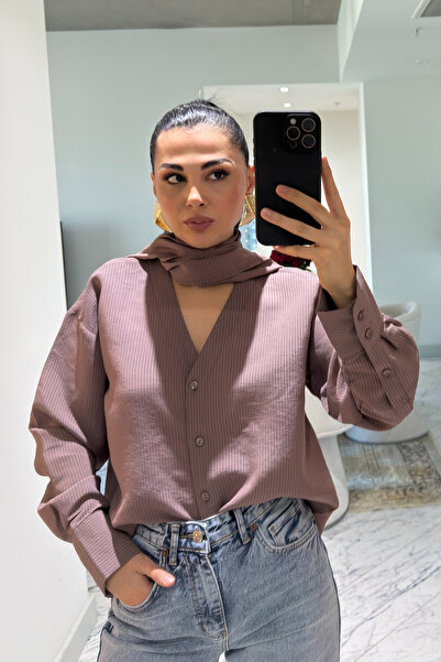 Seda Yalçın Atelier Kahve Şal Detaylı Çizgili Gömlek