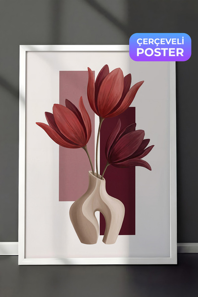 Zestia White Framed Wall Painting Elegant Burgundy Flower Composition in Vase...