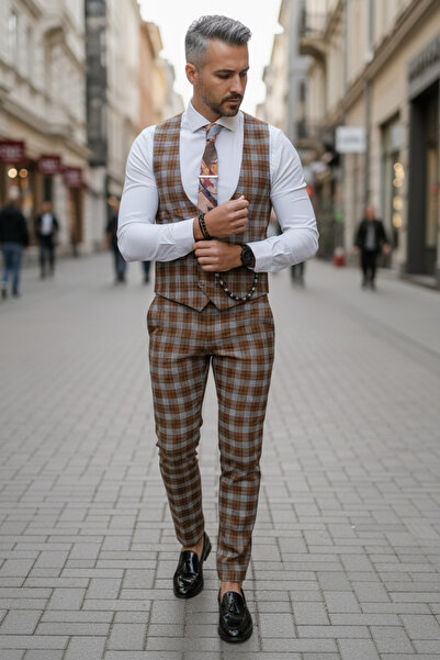 dehaine Men's suit, Pants + Vest, plaid, event suit, Brown, B4126