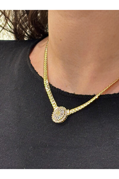 GOLD RENK BEYAZ TAŞ DETAYLI ÖRGÜ ZİNCİR SERENAY LEYLA MODEL 14K ÇELİK KOLYE