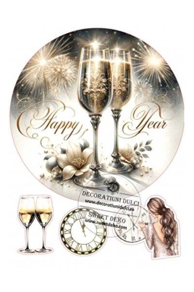 Decoratiuni Dulci Pahare de sampanie New Year, imagine pentru tort - Decupat