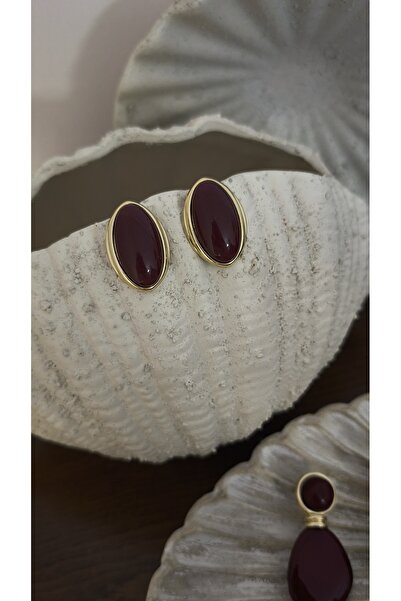 VOBEEYKU Gold Oval Frame Detail Stone Look Burgundy Earrings