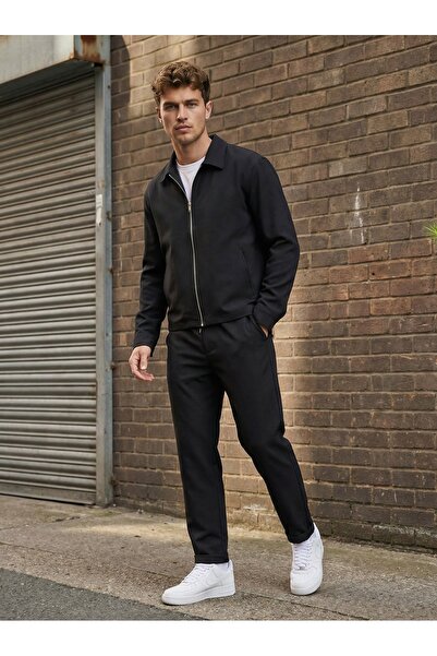 MADZEYMODA Men's Black Seasonal Top and Bottom Set - Lined Jacket & Double-Le...