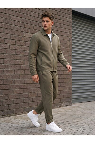 MADZEYMODA Men's Khaki Seasonal Top and Bottom Set - Lined Jacket & Double-Le...