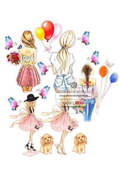 Decoratiuni Dulci Edible image of girls, puppies and balloons - Cut out