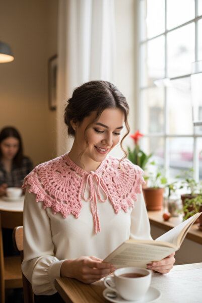 pulur.co Pink Hand Knitted Crochet Retro Vintage Lace Model Collar