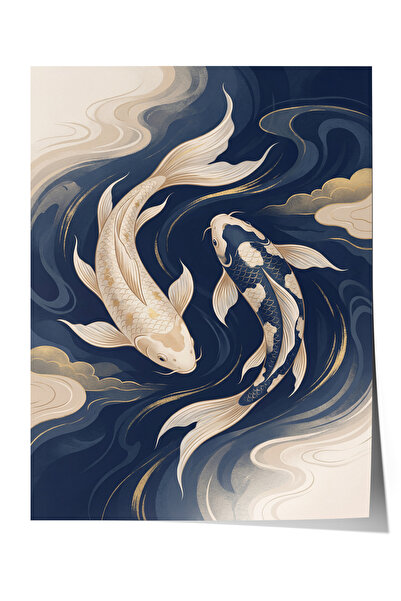 Zestia Premium Poster Cloudy Blue Serene Koi Herd in Flow Living Room Decor