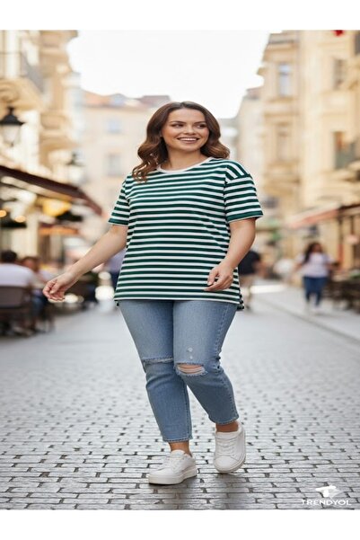 aryam butik Striped Oversize Short Sleeve Viscose Side Slit Combed Cotton Blo...