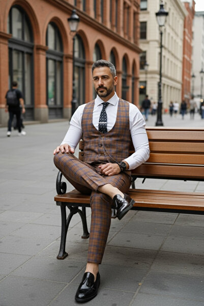 dehaine Men's suit, Pants + Vest, plaid, event suit, Brown, B4207