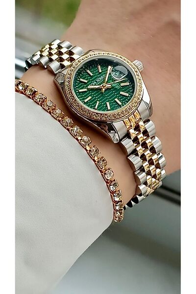 Tom Jones Yeni Model Taşlı Takvimli Altın Gümüş Renk Çelik Kordon Kadın Kol S...