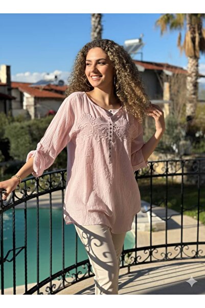 Punta Otantik Yg86163 Embroidered Sequin Detailed Blouse Powder