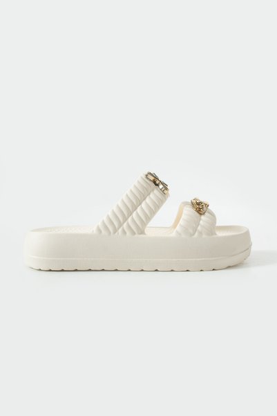Polomia Comfort Women's Lightweight Eva Double-Strapped High-Sole Beach and Casual Summer Slippers with Chain and Floral Accessories