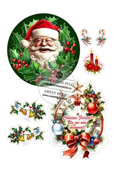 Decoratiuni Dulci Imagine comestibila | Mos Craciun si frunze de ilex - Decupat