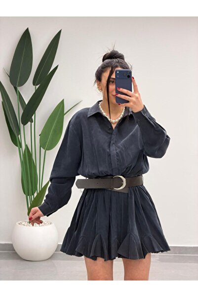 MARGA Kemer Detaylı Piliseli Tensel Mini Elbise