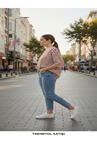 aryam butik Striped Oversize Short Sleeve Viscose Side Slit Combed Cotton Blo...