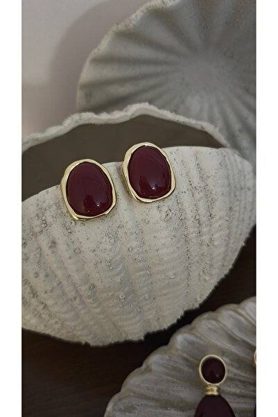 VOBEEYKU Gold Edged Burgundy Stone Look Earrings