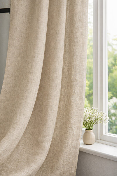 Vİ HOME Bej KETEN Perde en x boy - Pilesiz Düz Dikim Hazır Perde -KETEN DOKUL...