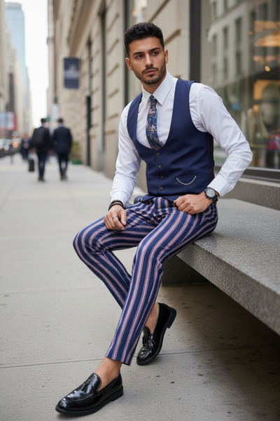 dehaine Men's suit, Pants + Vest, striped, event suit, Navy blue, b1601