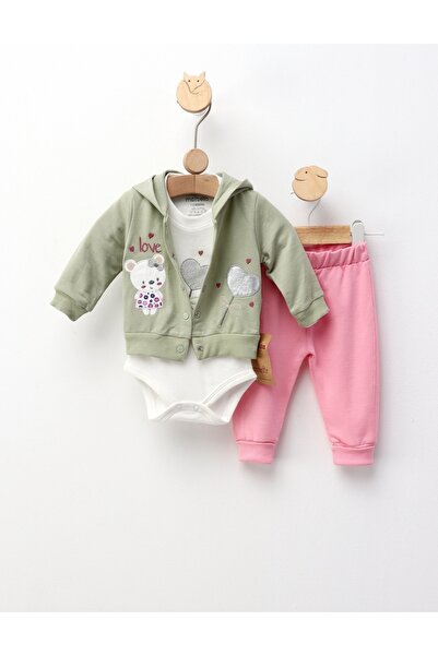MiniKids Φόρμα 3 τεμαχίων, Loving Bear, πράσινο-ροζ 62 (0-3 μηνών)