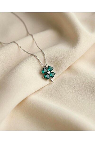 RAME 925 Ayar Gümüş Zümrüt Yeşili Taşlı Yonca Kolye - Şans Getiren Pırlanta I...