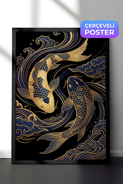 Zestia Black Framed Wall Painting Luxury Koi Stream in Navy Blue and Gold Wav...