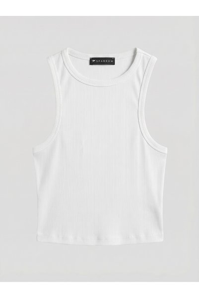 Sparrow Women's White Slimfit Corded Fabric Halter Neck Stretchy Knitted Cropped Undershirt