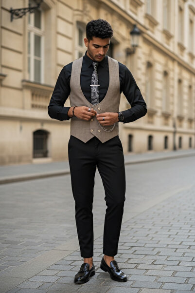 dehaine Men's suit, Pants + Vest, in Solid Color , event suit, Black, 13301