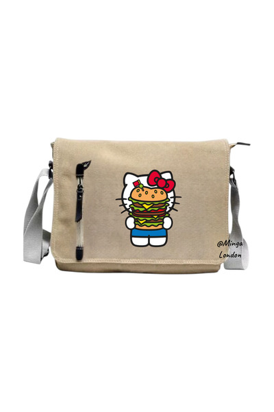 Minga London Beige Kitty Burger Printed Messenger Bag -Mingalondon
