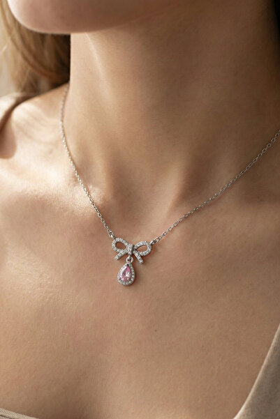 VAOOV Pink Drop Stone Steel Ribbon Necklace