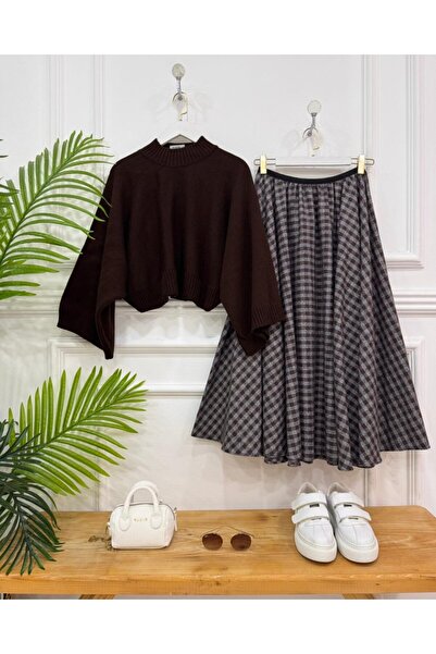 onix Melisa Double Combination Coffee Sweater, Coffee Skirt