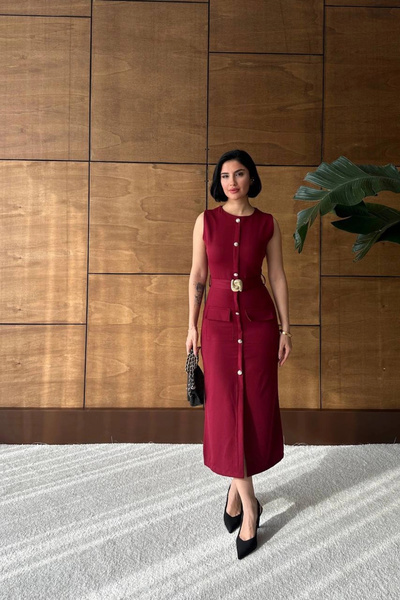 Lusin Women's Burgundy Stylish Belt Detailed Sleeveless Slim Midi Length Dress