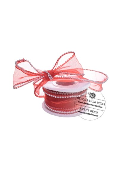Decoratiuni Dulci Red organza ribbon with white beads