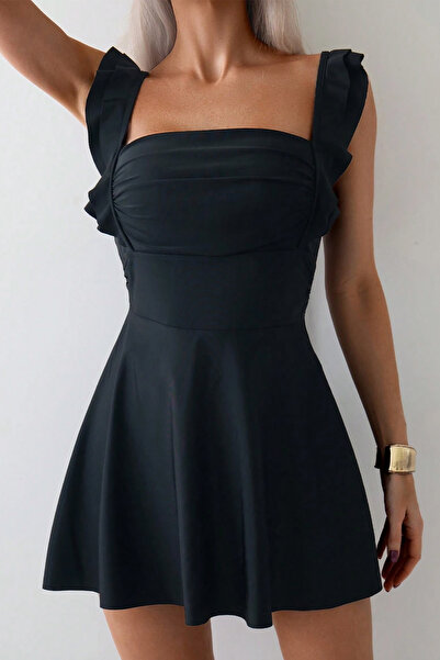 Edela Black Dress with Ruffle Straps and Flared Shorts