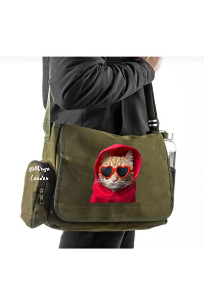 Minga London Khaki Red Hooded Cat Print Messenger Bag -Mingalondon