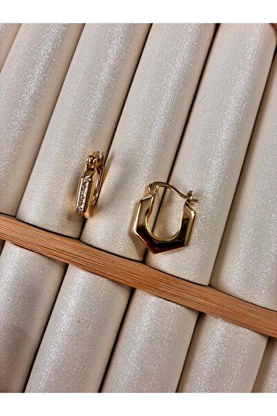 ARİ TAKI Gold Steel Earrings with Stones and Corners