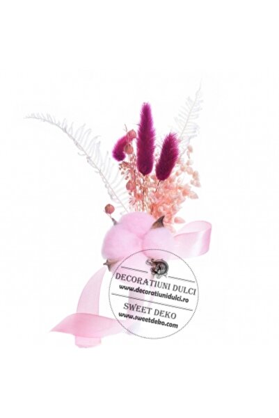 Decoratiuni Dulci Topper buchetel flori uscate si bumbac roz
