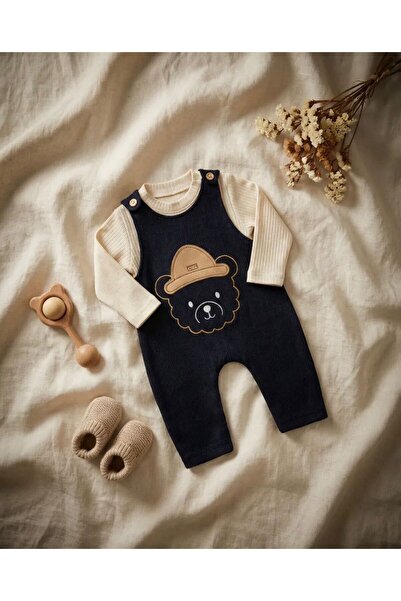 Aybubu %100 Pamuk Bahçıvan Tulum ve Kazak 2'li Takım & Ayı Nakışlı Salopet Tulum