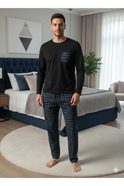 LİLA PİJAMA Cotton Combed Cotton Underneath Plaid Checked Long Sleeve Men's P...