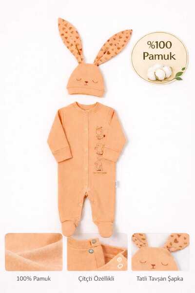 GÜMÜŞ Newborn Baby Jumpsuit+Hat Set 100% Cotton