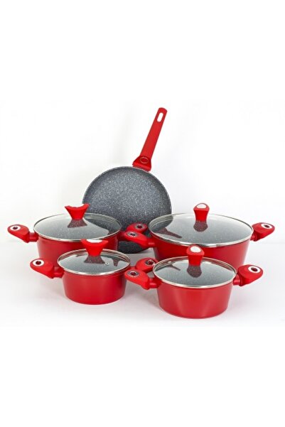 Zilan 9-piece pot set ZLN-3260, granite interior, induction compatible, red