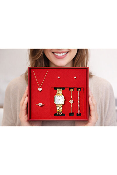 SEES AKSESUAR Gold Renk Kadın Çelik Kol Saati - 5’li Kombin Set Hediyeli
