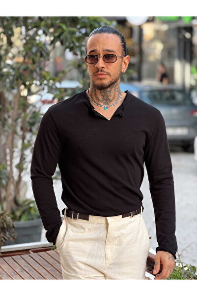 manch collection Flared Single Button Regular T-Shirt Black